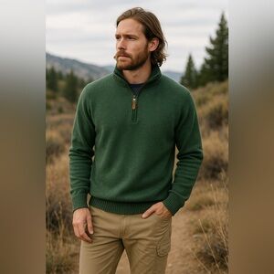 Crown & Ivy Green Half Zip Sweater Men’s L Wool Blend Mock Neck Pullover